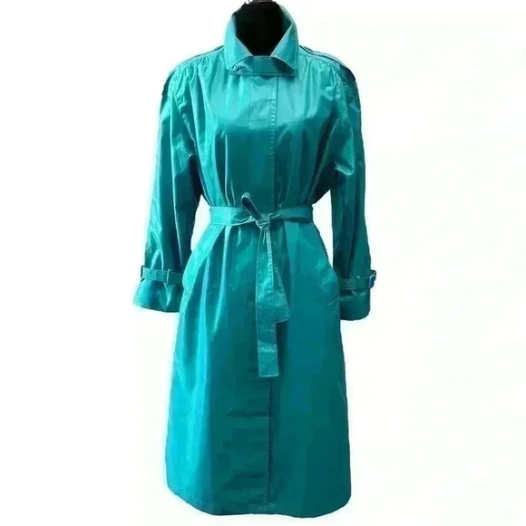 Vintage London Fog Trench  Coat Iridescent Teal Green Size 10 Petite - Picture 1 of 16